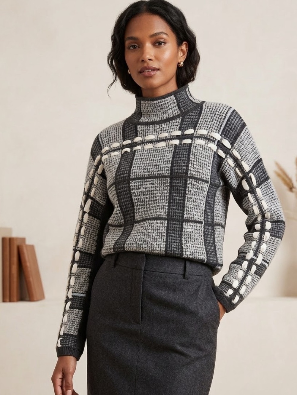 CLUB MONACO Plaid Windowpane Ribbon Woven Mock Neck Sweater Size Small